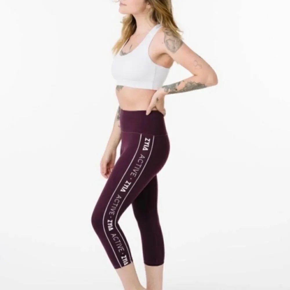 Zyia plum logo stripe light n tight hi rise crop 17" sz 12
